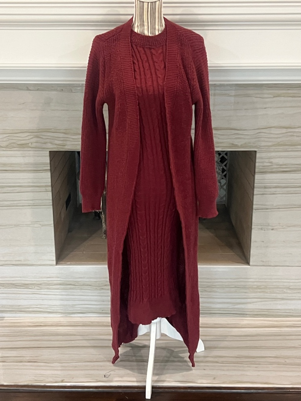 Women's Cable Knit Long Dress & Duster Cardigan Set - Deep Wine